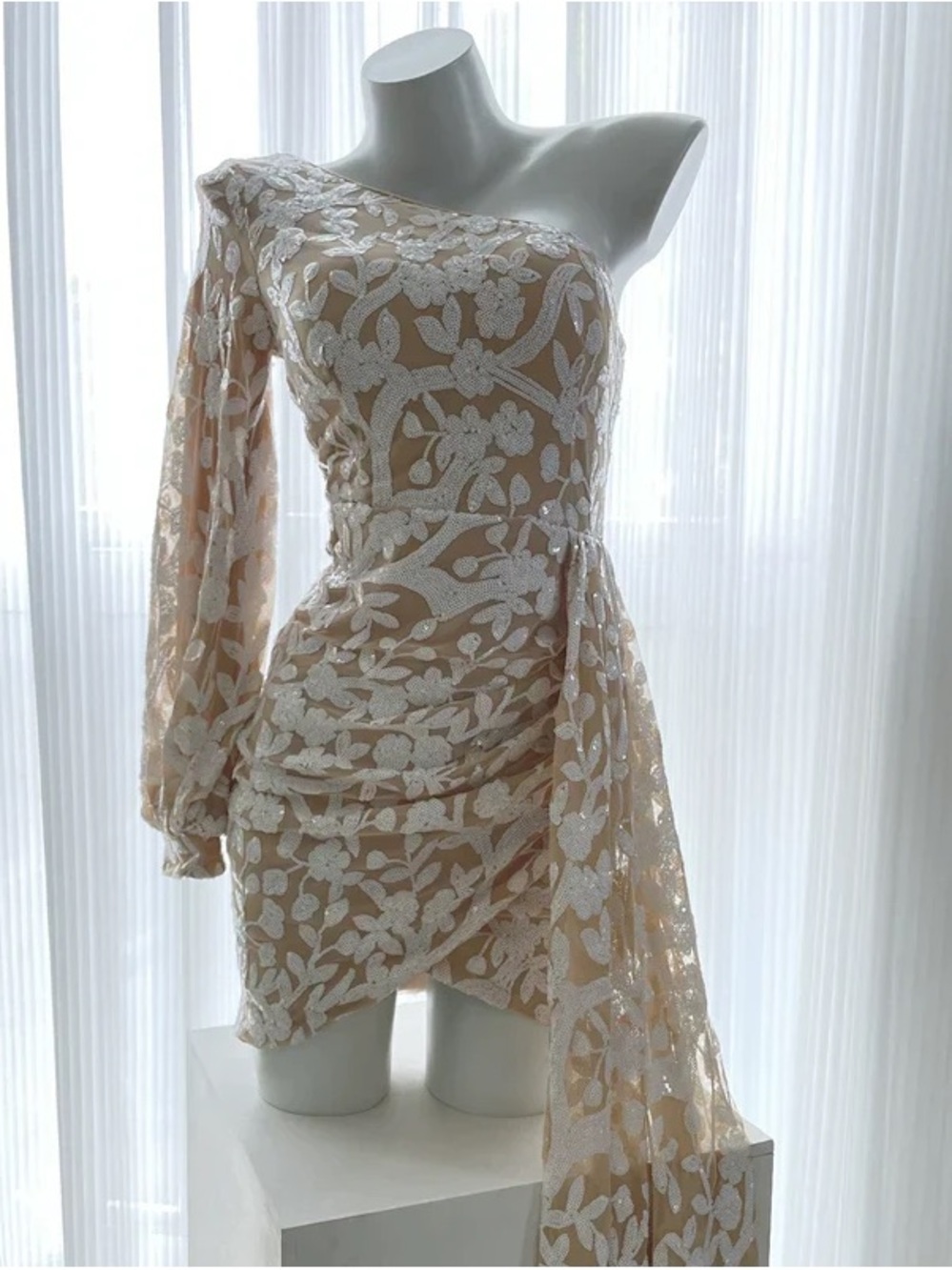 One-Shoulder Lace Draped Dress in Blush with White Embroidery